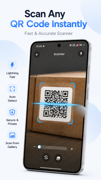 QrBit Camera Viewfinder scanning QR Code on package with laser beam