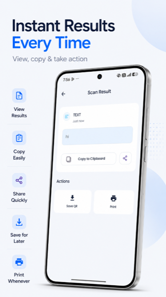 QrBit Scan Result screen with copy, share, save, and print actions